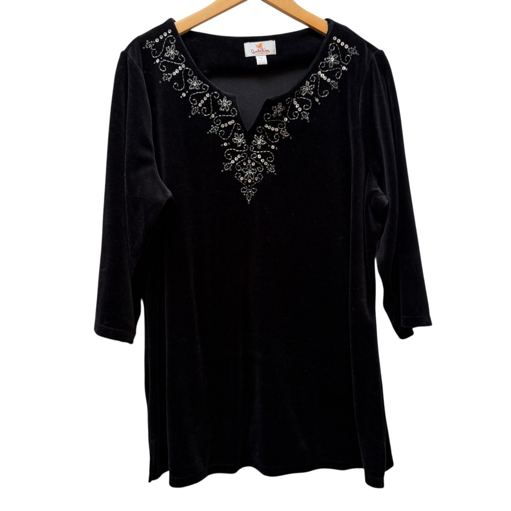 Quacker Factory Black Velour Embellished Tunic Top‎ 1X Rhinestone Sequin 3/4 Slv